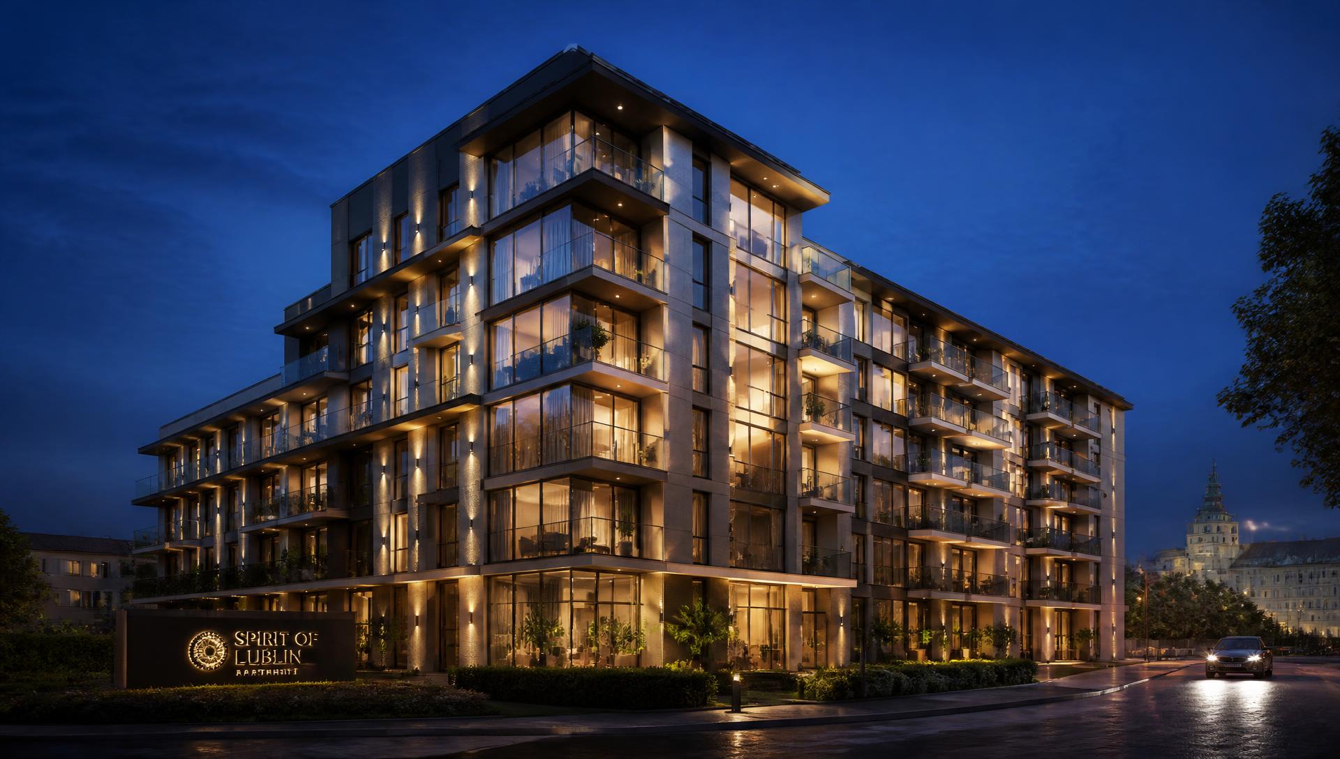 Nowoczesny budynek apartamentowy w Lublinie o zmierzchu
